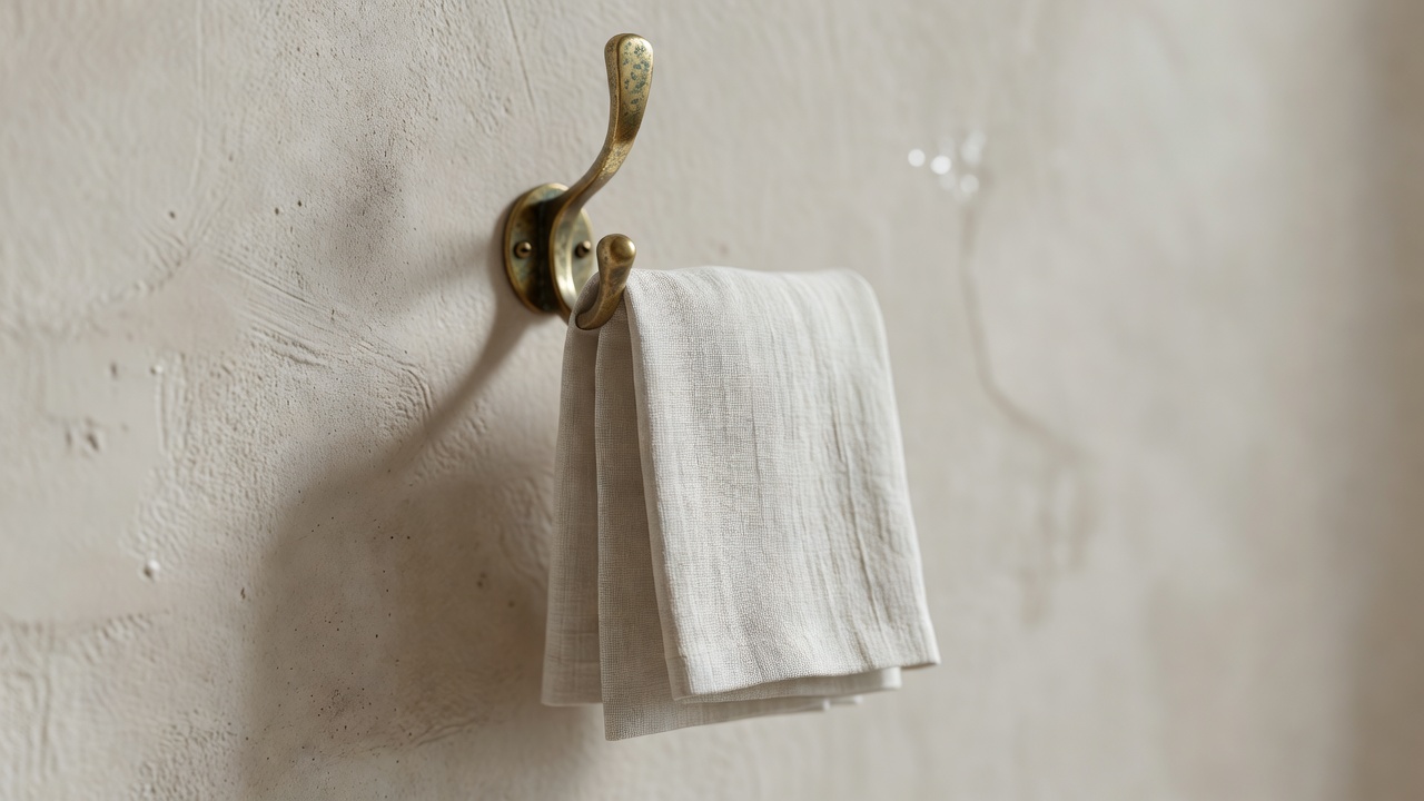 Macro close-up of a single brass wall hook holding a folded linen cloth against a plastered wall with a shallow depth of field