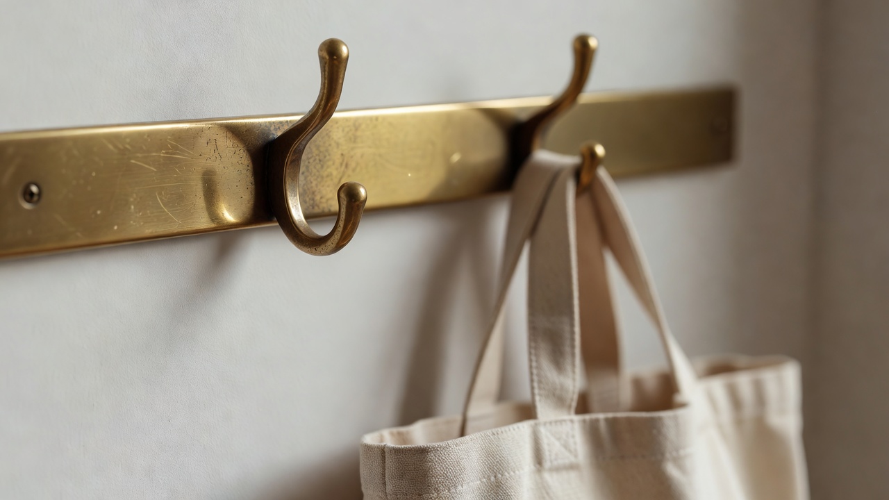 Close-up of a brass peg rail with two hooks and a canvas bag, soft window light, shallow depth of field