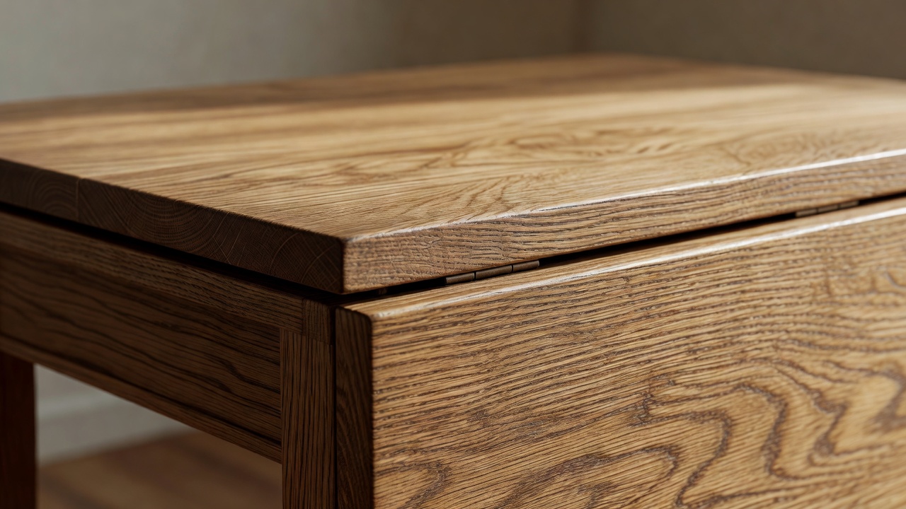 Close-up of a folded oak drop-leaf table edge showing the hinge line and wood grain in soft side light