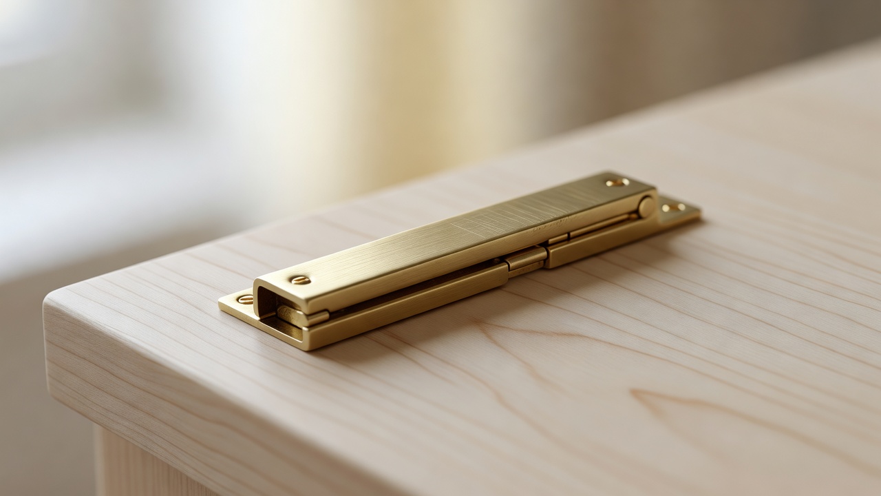 Macro close-up of a brushed brass folding hinge on a pale wooden panel with a shallow depth of field
