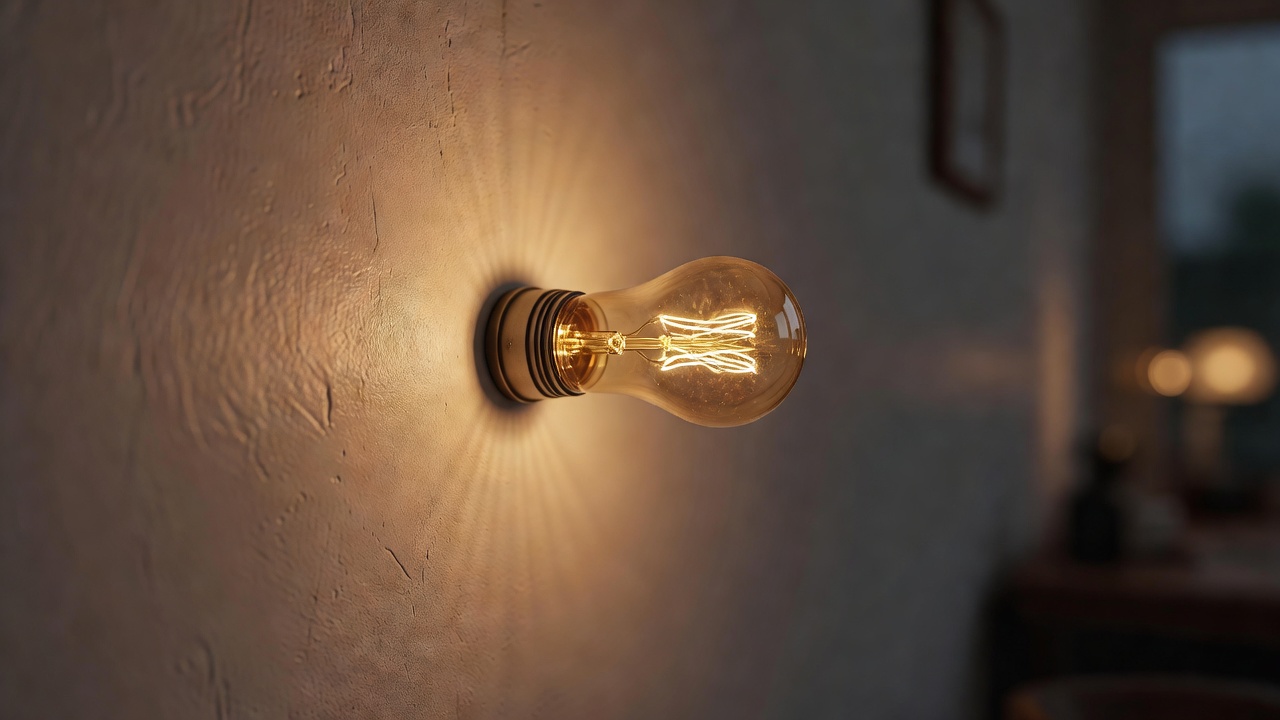 Macro view of a warm lamp glowing against a plastered wall in the evening, with a soft out-of-focus background