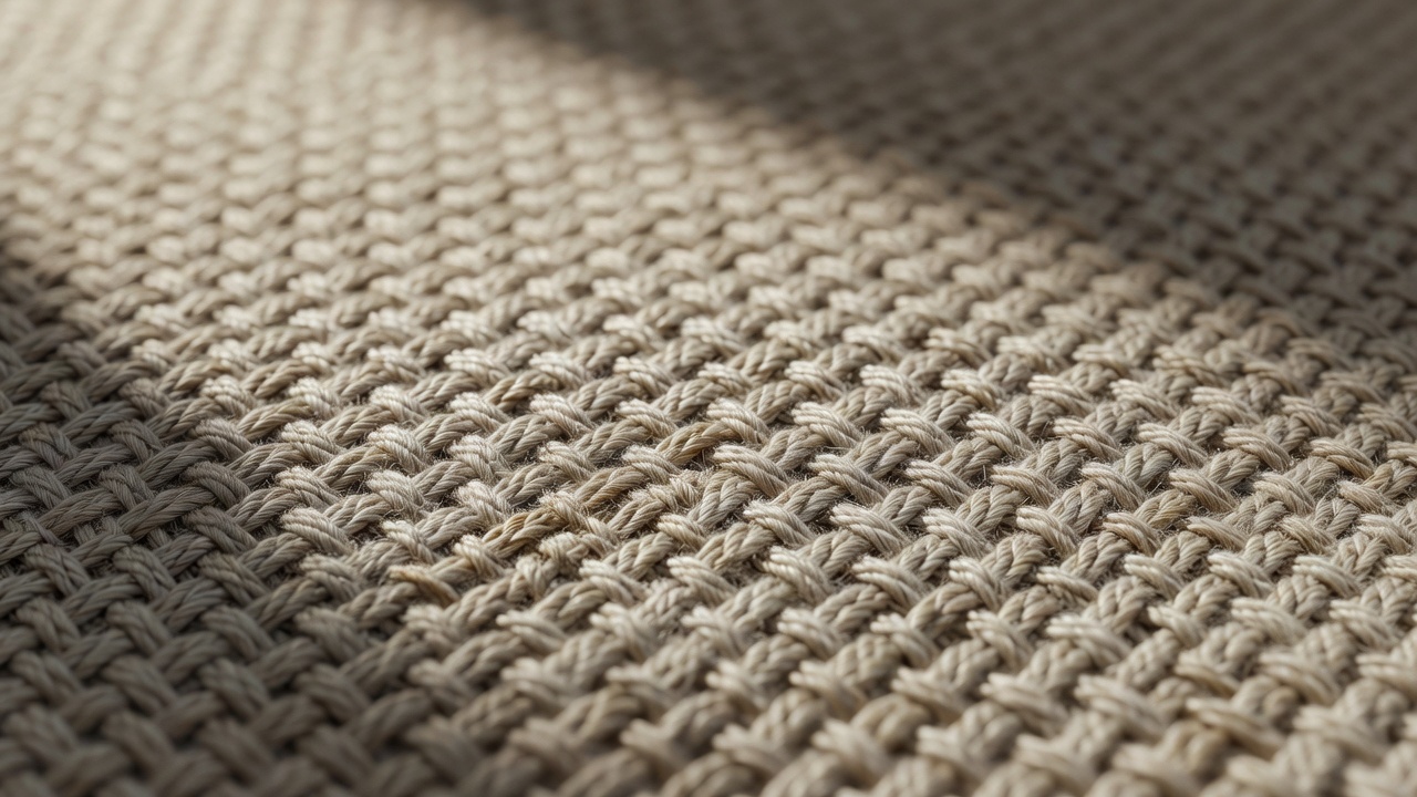 Macro close-up of the woven texture of a natural linen rug with soft raking light and a shallow depth of field