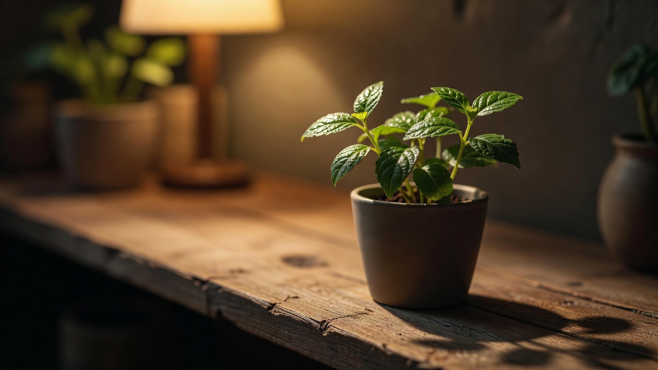 A small green plant on a wooden shelf lit from the side by a warm evening lamp, shallow depth of field