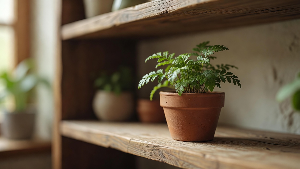 A trailing green plant in a small ceramic pot on an open wooden shelf, photographed with a shallow depth of field